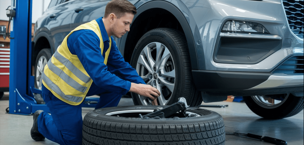 Mechanic performing tyre replacement