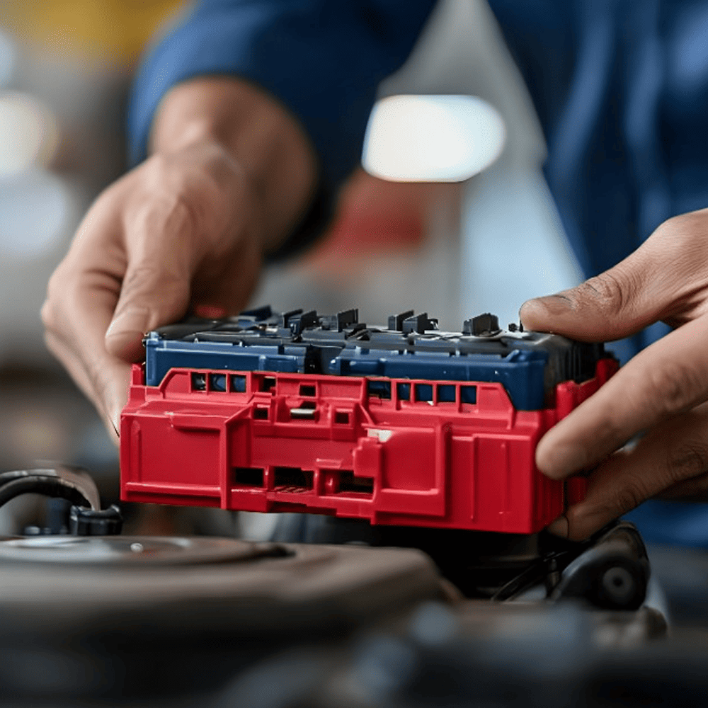 Mechanic carefully placing a new car battery into an engine compartment