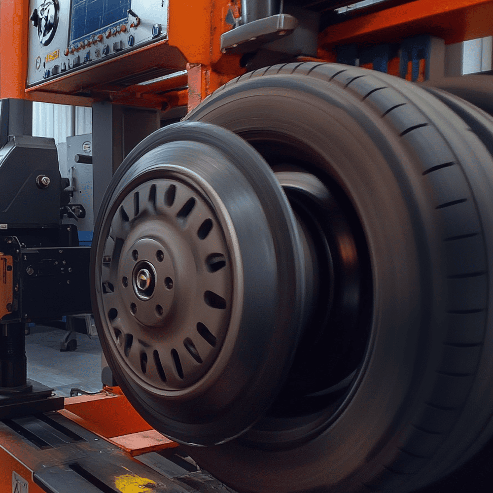Car wheel mounted on a balancing machine in a workshop