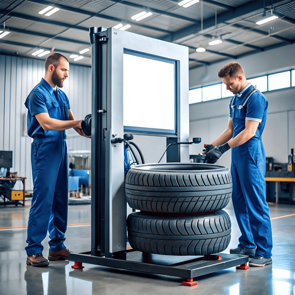 Technicians operating tire calibration equipment in a workshop.