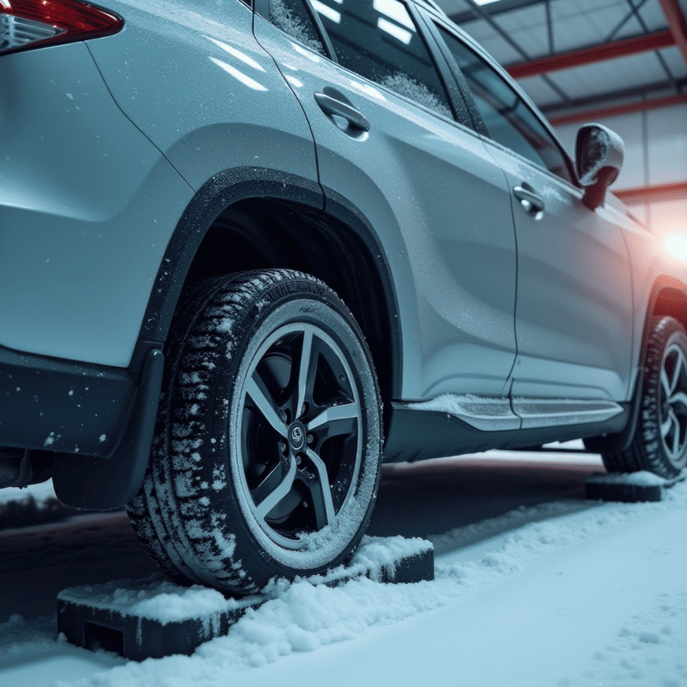 SUV with snow tires parked on a snowy surface