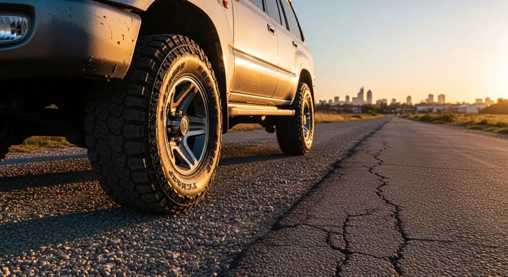 All terrain tyres on 4x4 vehicle — tyre tread closeup (all terrain tyres)