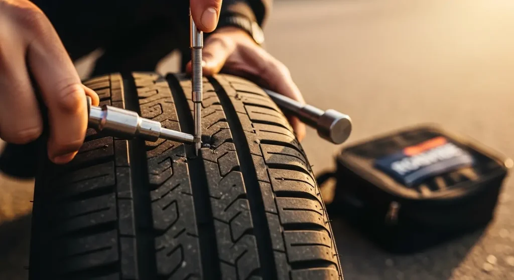 Tyre puncture repair kit and plug being used on a car tyre — tyre puncture repair