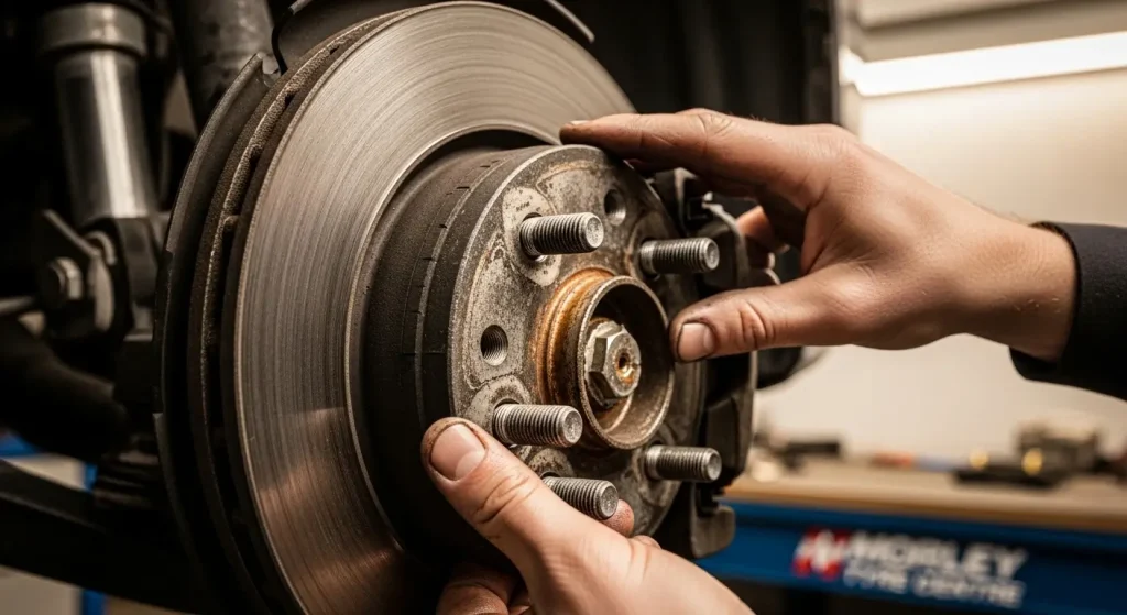 Brake pads inspection at Morley Tyre Centre — brake pads close-up