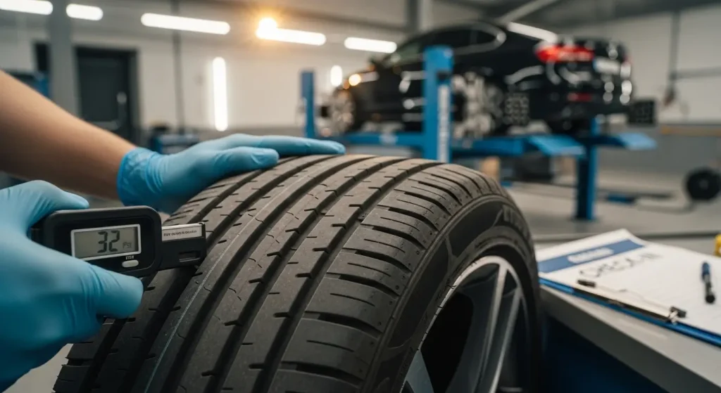 regular tyre maintenance — technician checking tyre pressure and tread