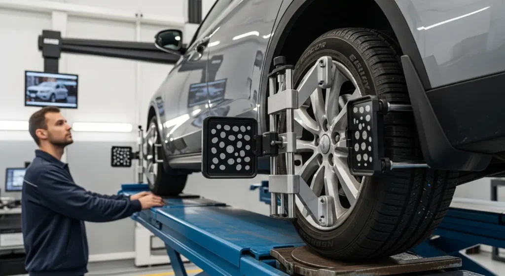 wheel alignment vs wheel balancing service on a car in a tyre workshop