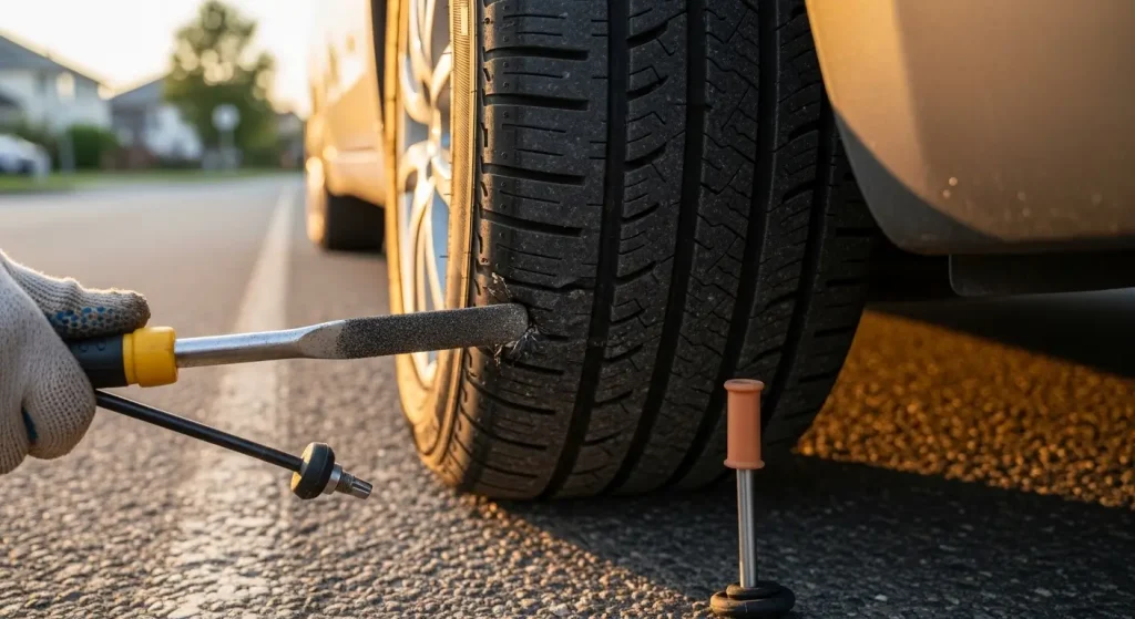 tyre puncture repair on the road — tyre puncture repair kit in use