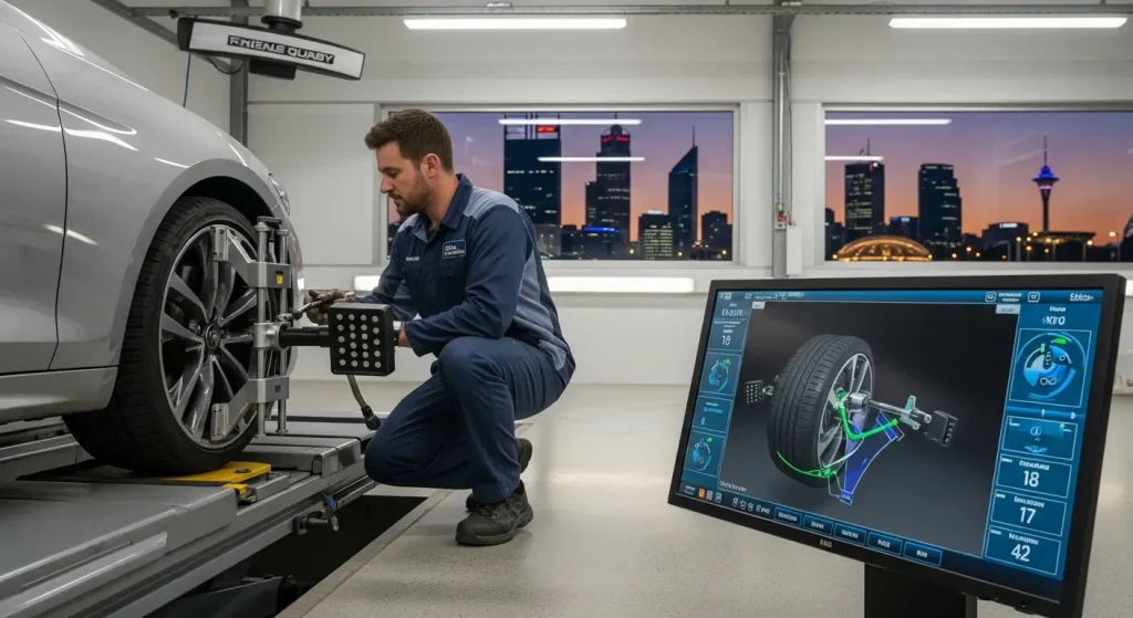 benefits of wheel alignment shown by technician adjusting wheel alignment on a car