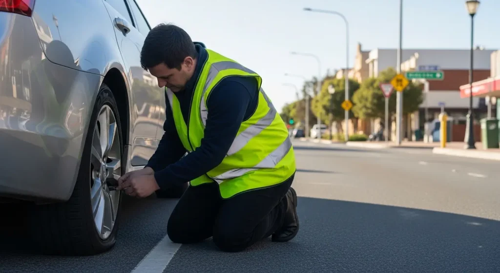 Driver checking a flat tyre — drive with a flat tyre safety and repair.