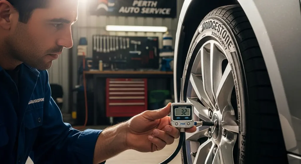 Tyre pressure guide — mechanic checking tyre pressure gauge