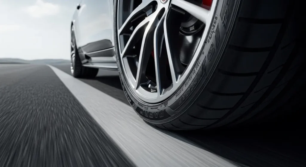 sports car tyres close-up — high performance tyre tread and wheel.