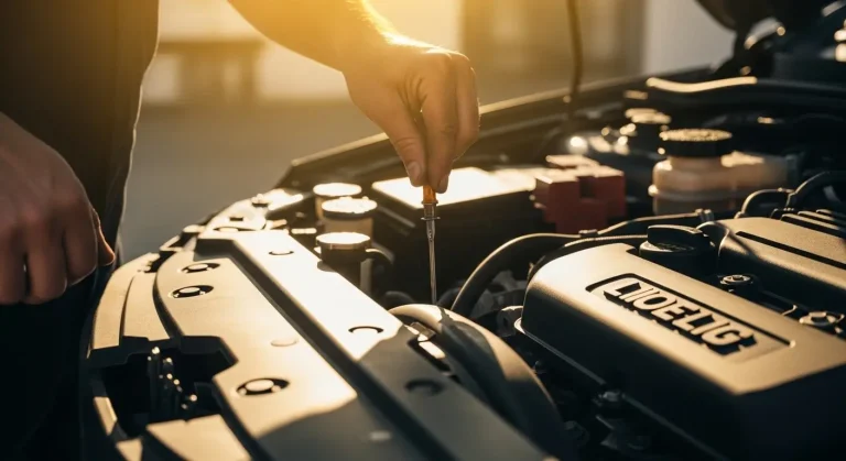 A mechanic checking engine oil with a dipstick as part of a car maintenance checklist for a summer road trip.