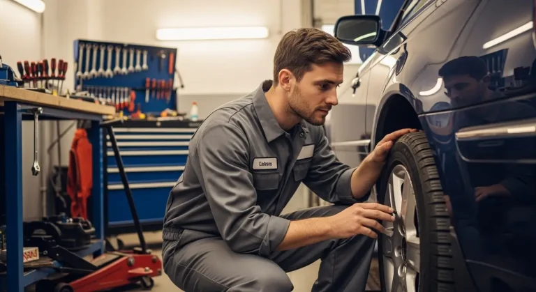 A person holding a vehicle document beside a car steering wheel, relevant to knowing how long you can drive on a spare tyre safely.