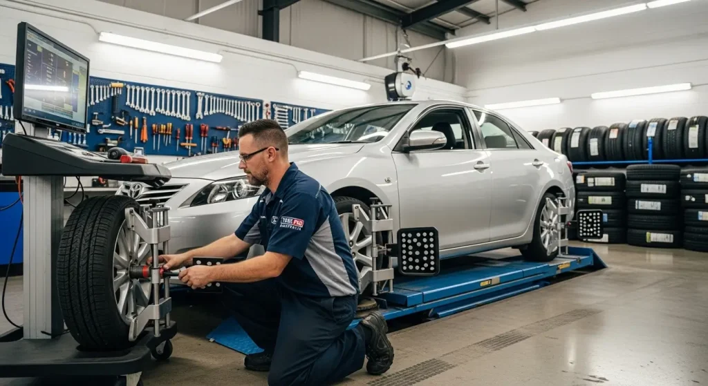 Person crouching at petrol station checking tyre pressure with a gauge to help understand how many kms do tyres last