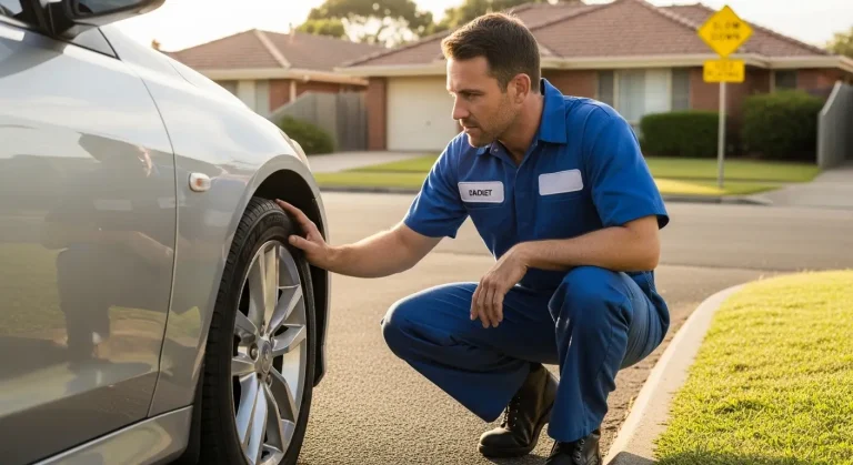 Mechanic in blue uniform inspecting tyre sidewall for cracks and bulges to determine how many kms do tyres last in Australia