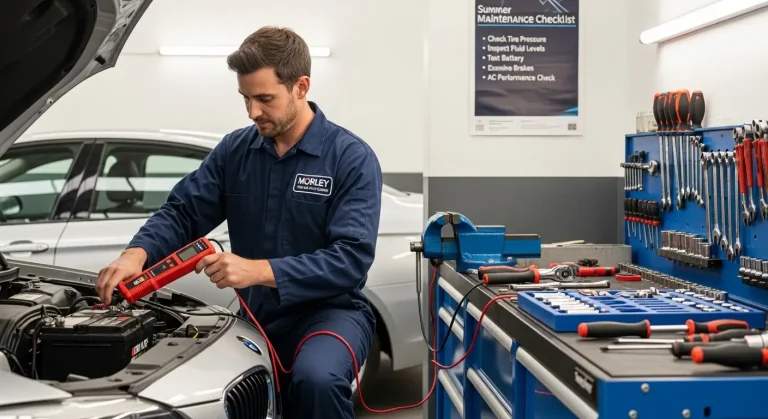 A professional mechanic testing a car battery in a clean auto workshop during summer car maintenance in Perth.