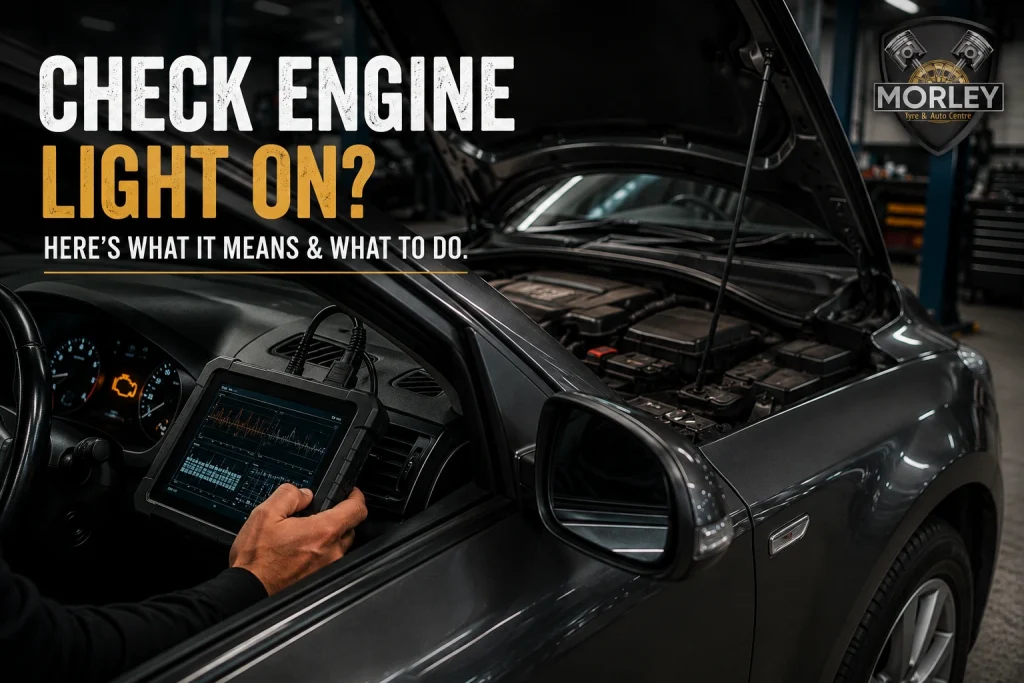 Technician performing an engine diagnostic with an OBD-II scan tool on a modern car with the check engine light on inside a professional Australian automotive workshop.