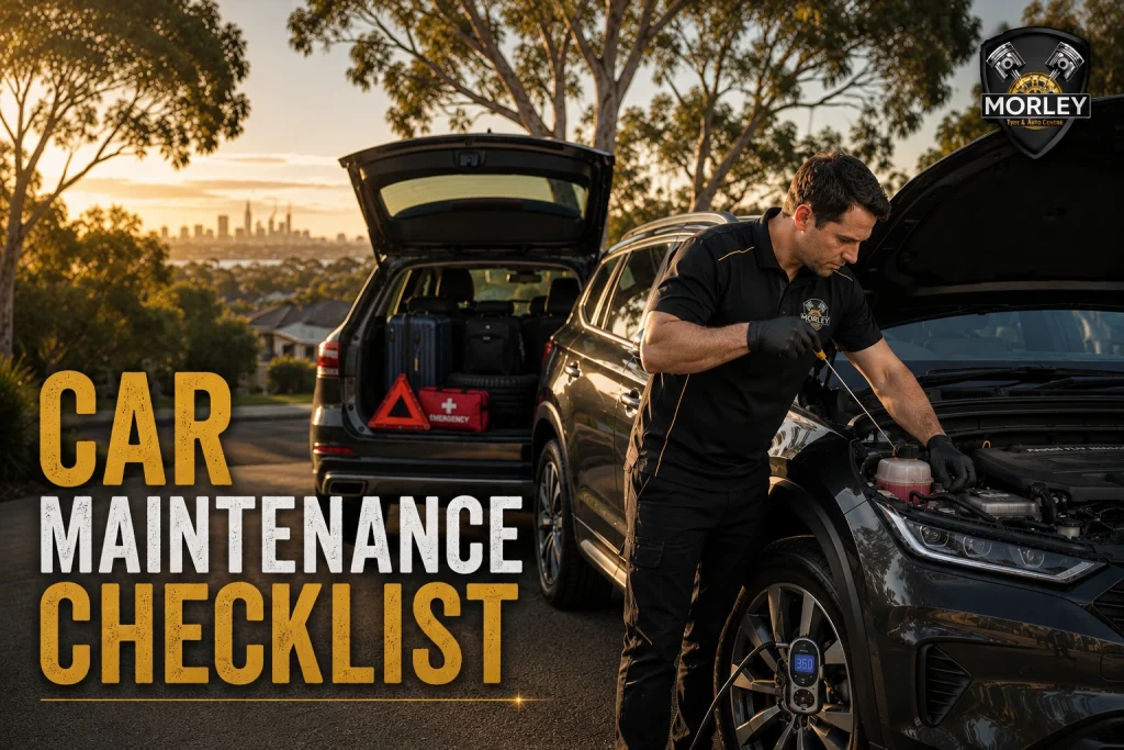 Mechanic performing a pre-trip car maintenance checklist on an SUV before a long drive in Perth, checking the engine with the bonnet open.