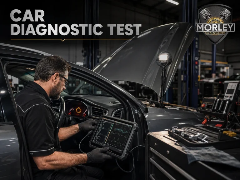 Mechanic performing a car diagnostic test with a professional scan tool at Morley Tyre & Auto Centre in Perth